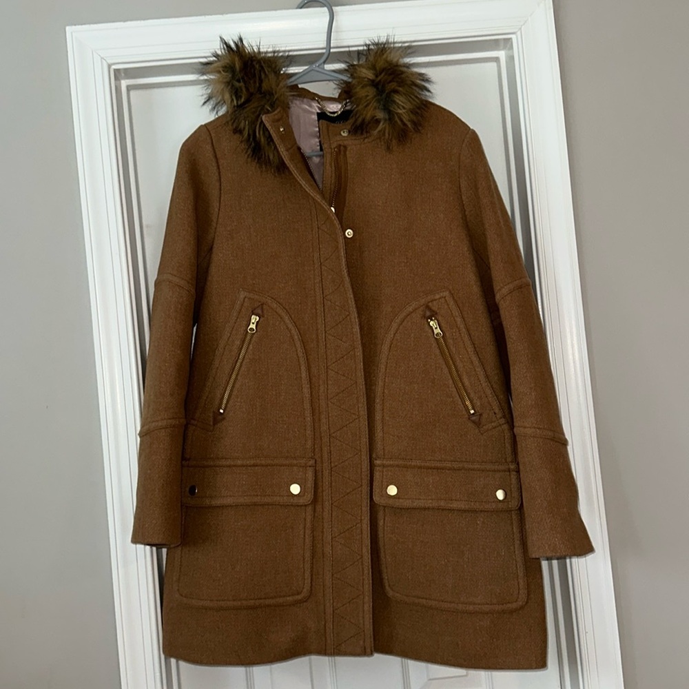 J. Crew Tan Utility Jacket with Faux Fur Trim